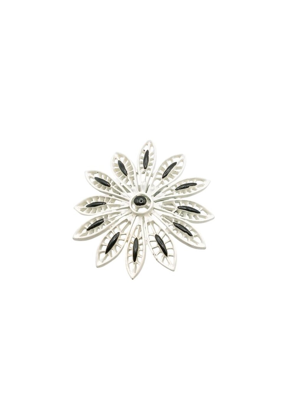 Vintage White Enamel Flower Brooch with Black Accents Retro Floral Pin Design